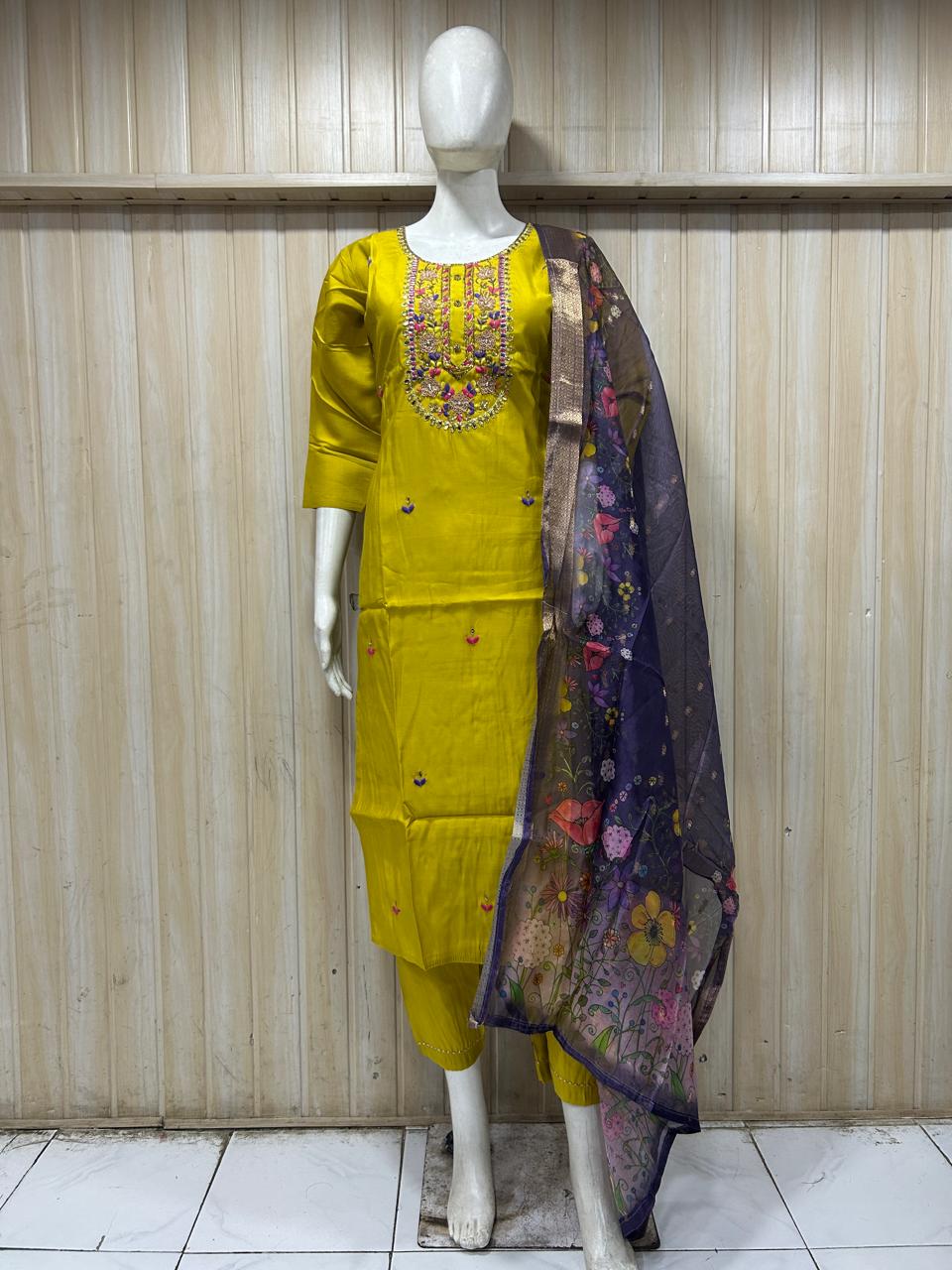 Bright Yellow ROMAN SILK Embroidered 3-Piece Ethnic Suit Set