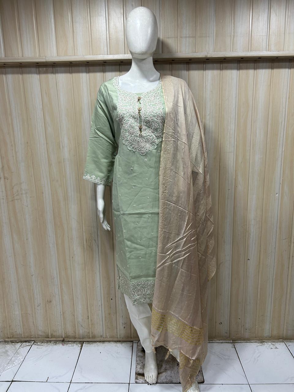 Sage Green ROMAN SILK Embroidered 3-Piece Ethnic Suit Set