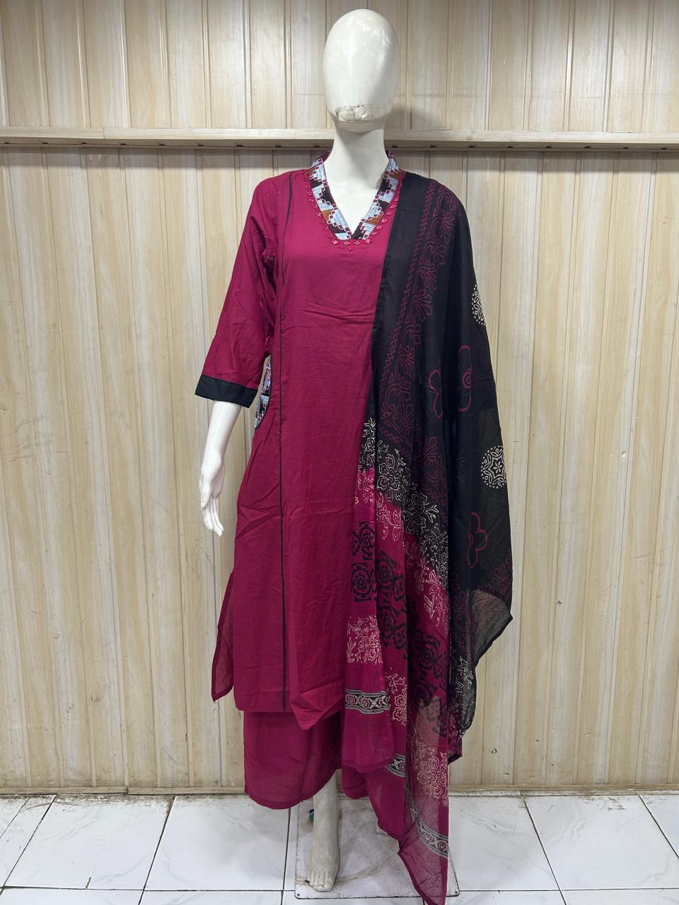 Wine Mull Cotton Straight Kurti 3-Piece Set with Pant & Dupatta
