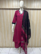 Wine Mull Cotton Straight Kurti 3-Piece Set with Pant & Dupatta