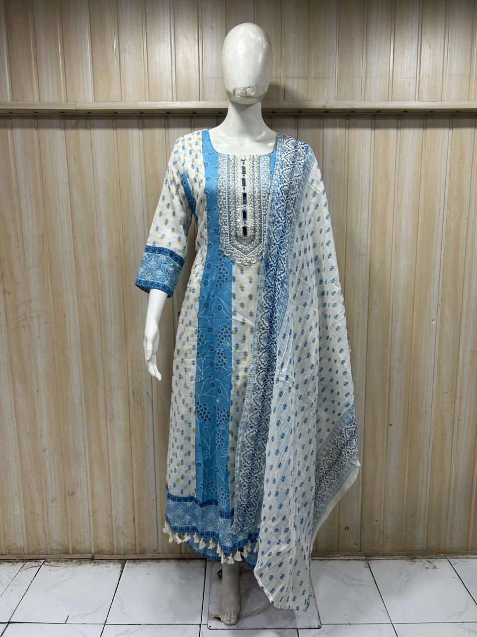 Ivory Blue Mull Cotton Round Kurti 3-Piece Set with Pant &amp; Dupatta