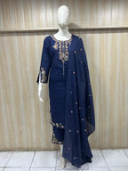 Navy Blue Mull Cotton A-Line Kurti 3-Piece Set with Pant & Dupatta