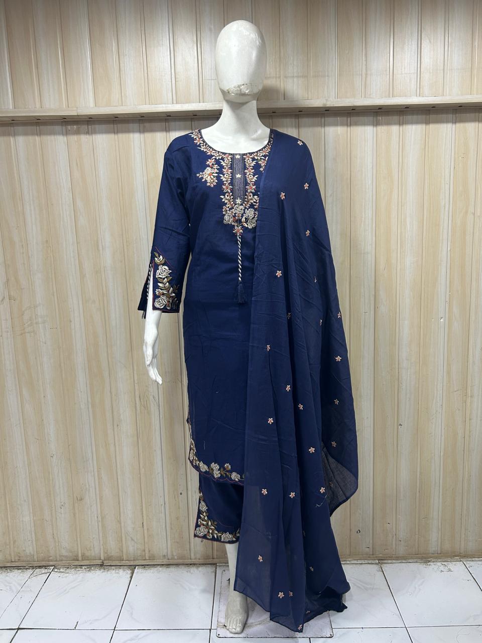 Navy Blue Mull Cotton A-Line Kurti 3-Piece Set with Pant & Dupatta
