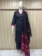 Black Mull Cotton Round Kurti 3-Piece Set with Pant & Dupatta