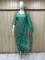 Teal Green ROMAN SILK 3-Piece Suit with Floral ORGANZA DUPATTA