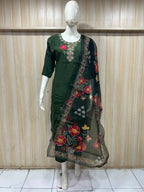 Deep Green ROMAN SILK 3-Piece Ethnic Suit with ORGANZA DUPATTA