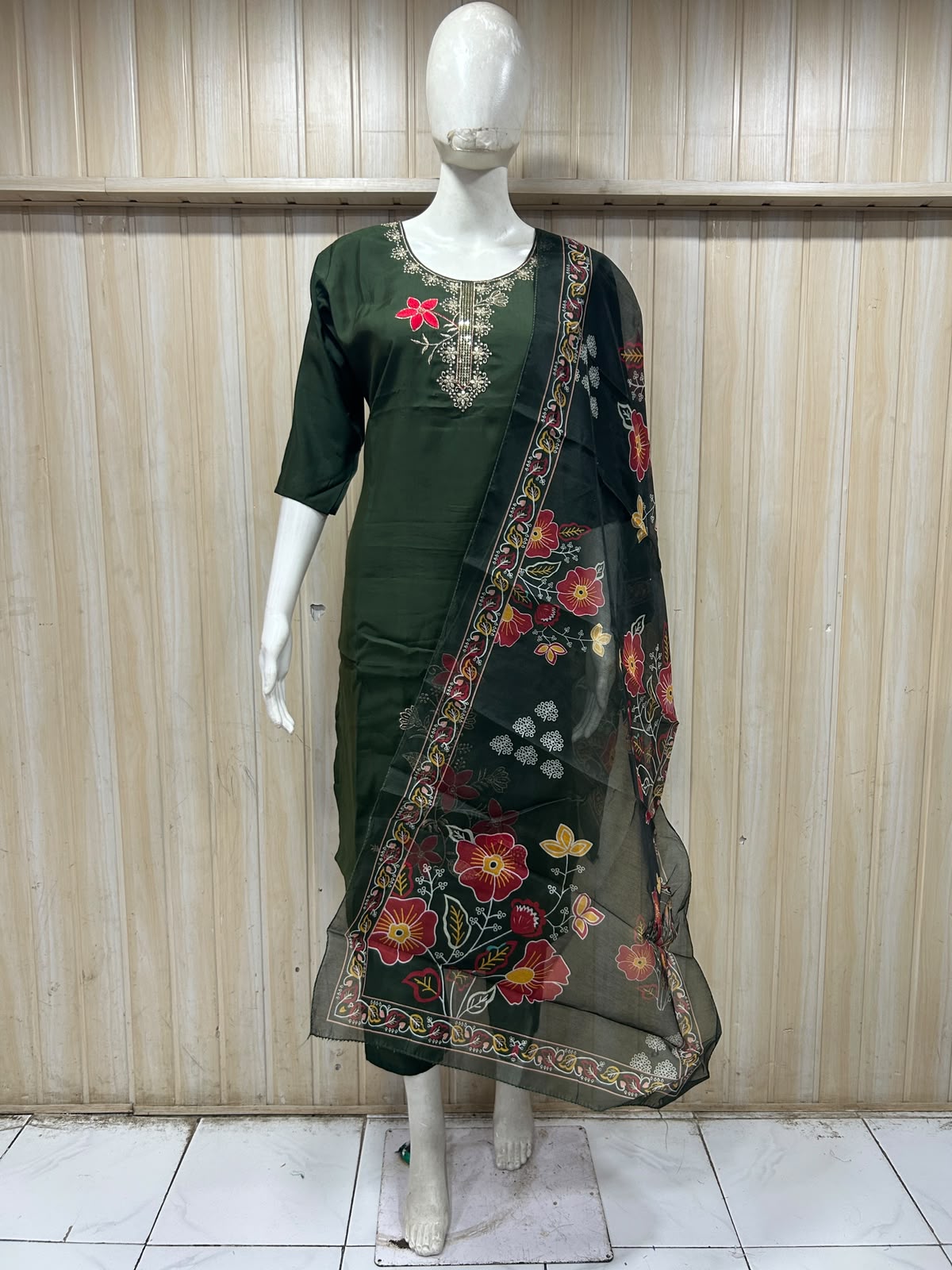 Deep Green ROMAN SILK 3-Piece Ethnic Suit with ORGANZA DUPATTA