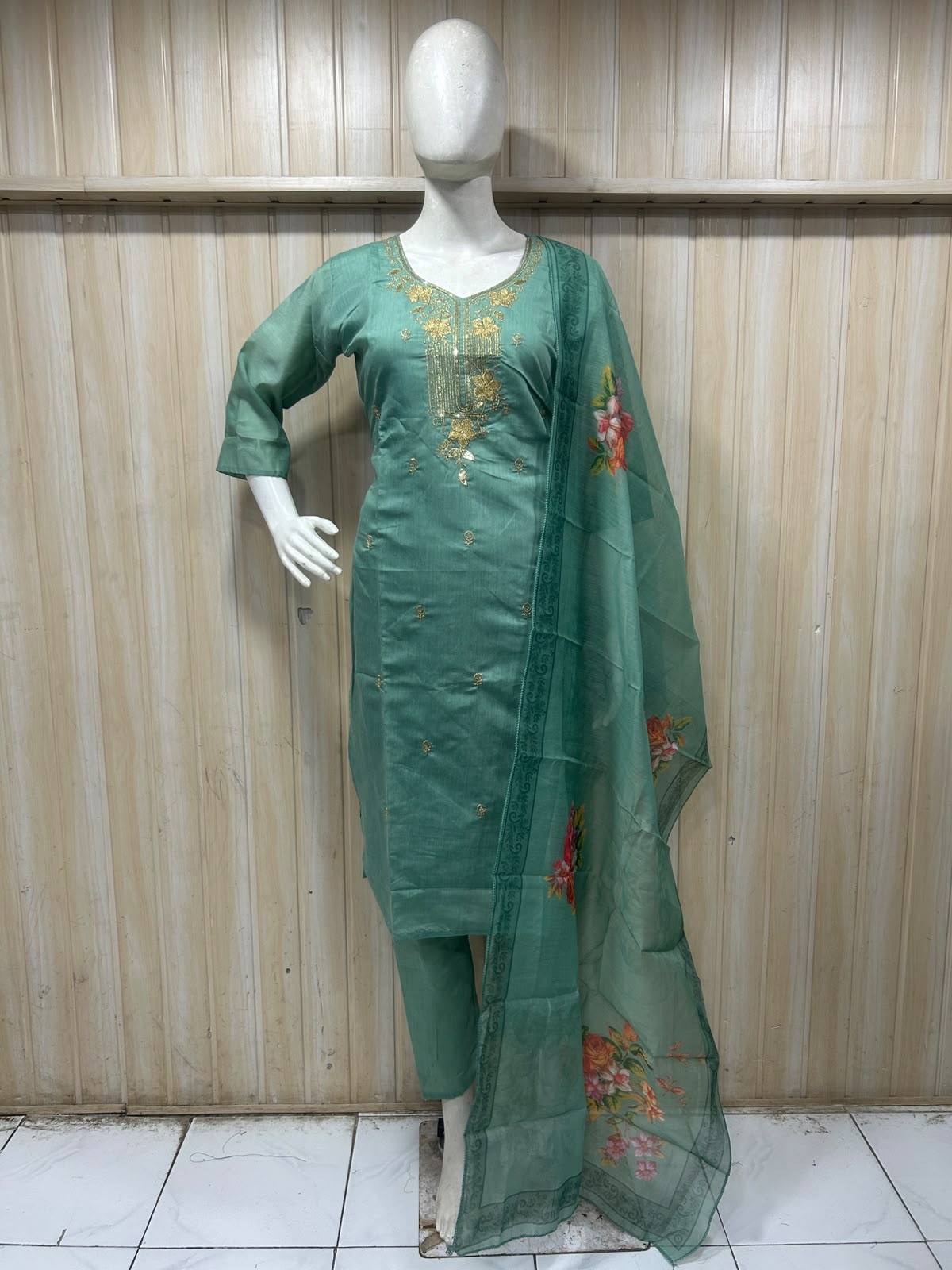 Teal Green ROMAN SILK Embroidered Suit with ORGANZA DUPATTA