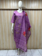 Lavender Purple ROMAN SILK Embroidered Kurti Pant Set with ORGANZA DUPATTA