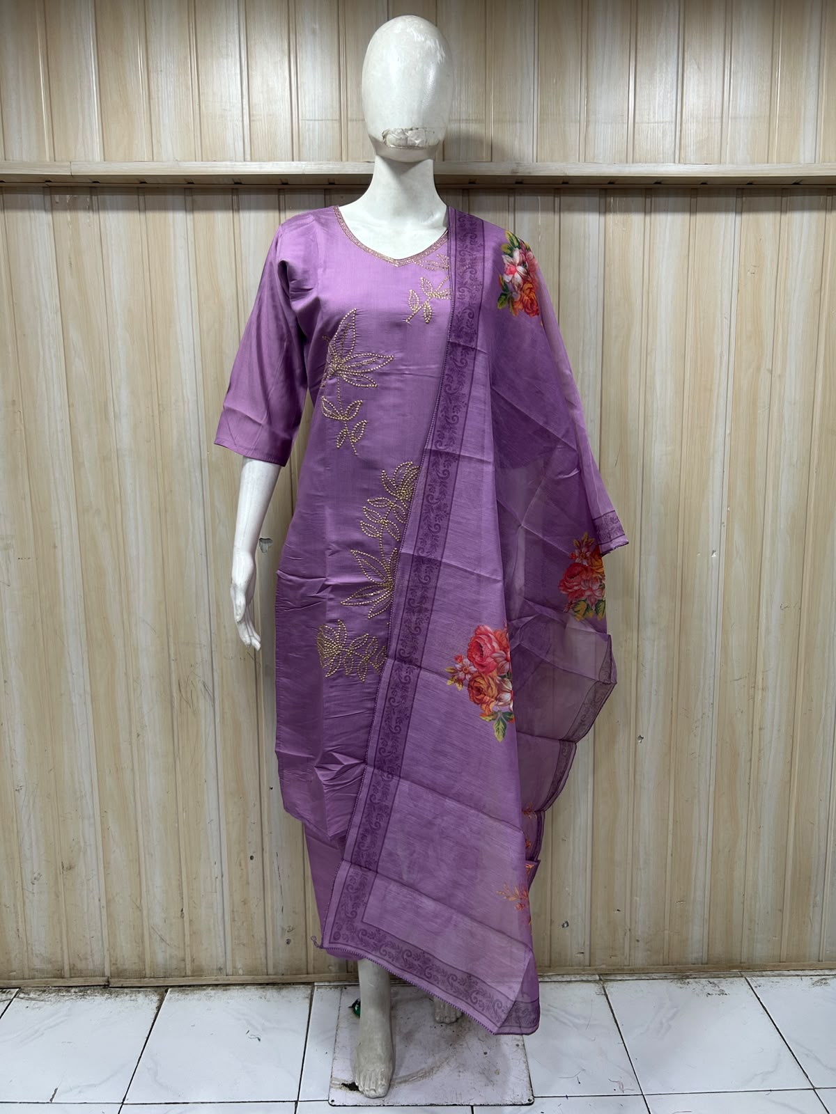 Lavender Purple ROMAN SILK Embroidered Kurti Pant Set with ORGANZA DUPATTA