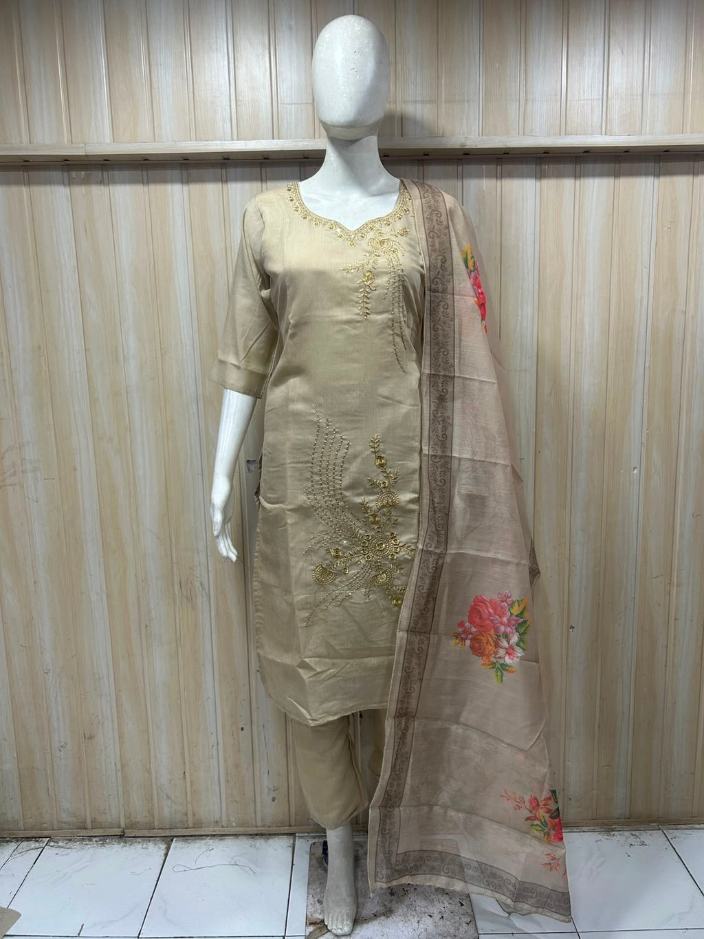Champagne Beige ROMAN SILK 3-Piece Suit with ORGANZA DUPATTA