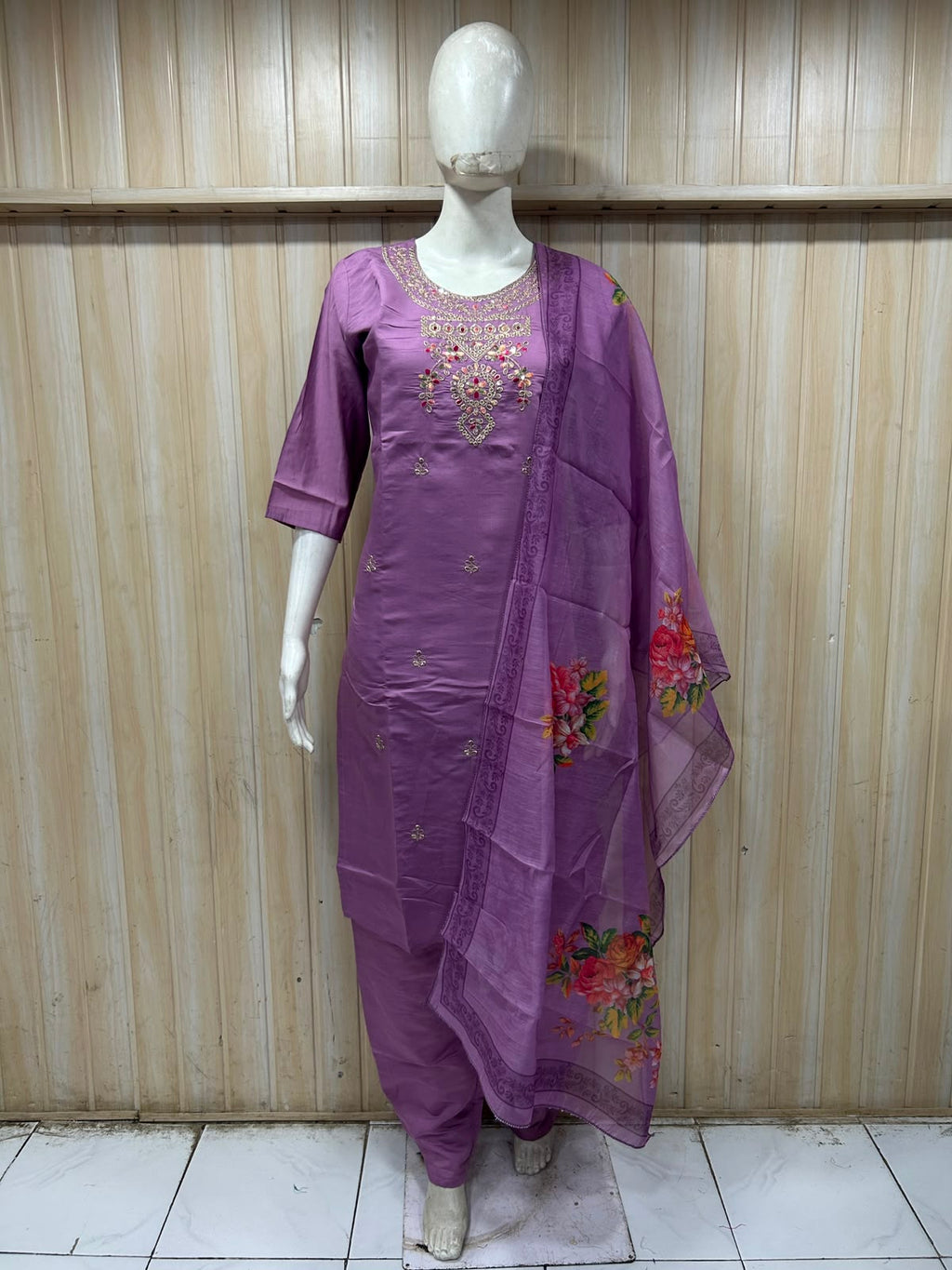 Purple ROMAN SILK Embroidered 3-Piece Suit with ORGANZA DUPATTA