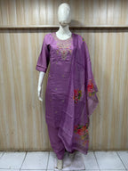 Purple ROMAN SILK Embroidered 3-Piece Suit with ORGANZA DUPATTA