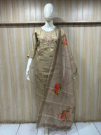 Beige ROMAN SILK 3-Piece Suit with ORGANZA DUPATTA