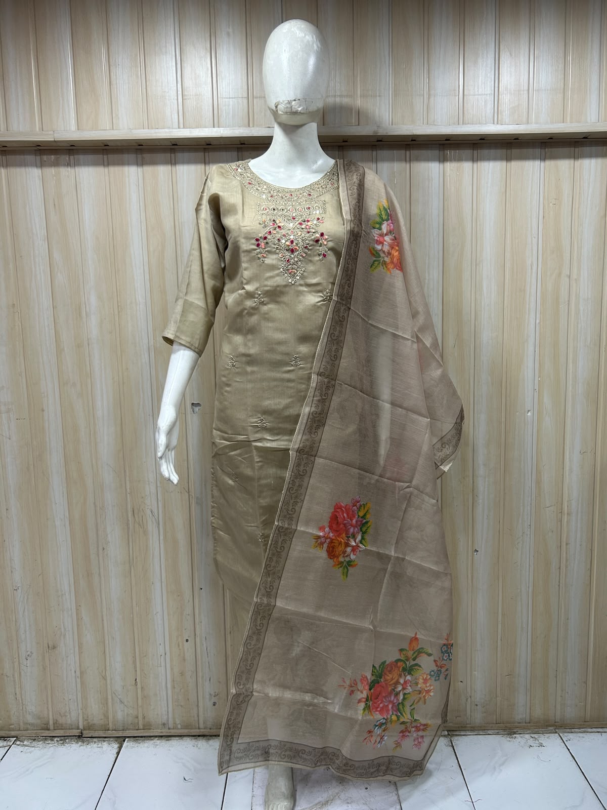 Beige ROMAN SILK 3-Piece Suit with ORGANZA DUPATTA