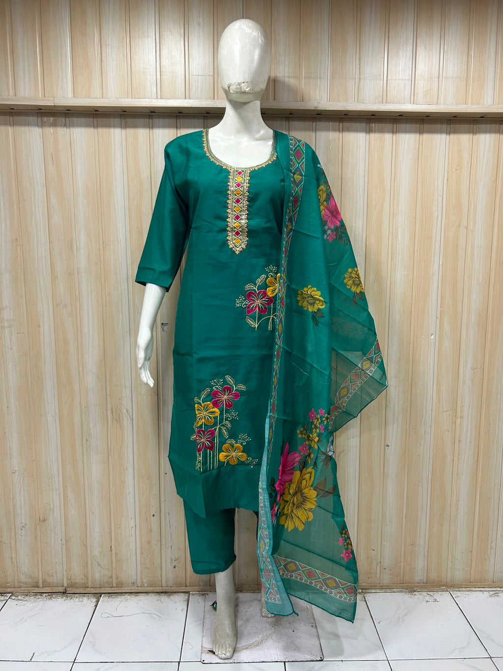 Teal Green ROMAN SILK 3-Piece Suit with ORGANZA DUPATTA