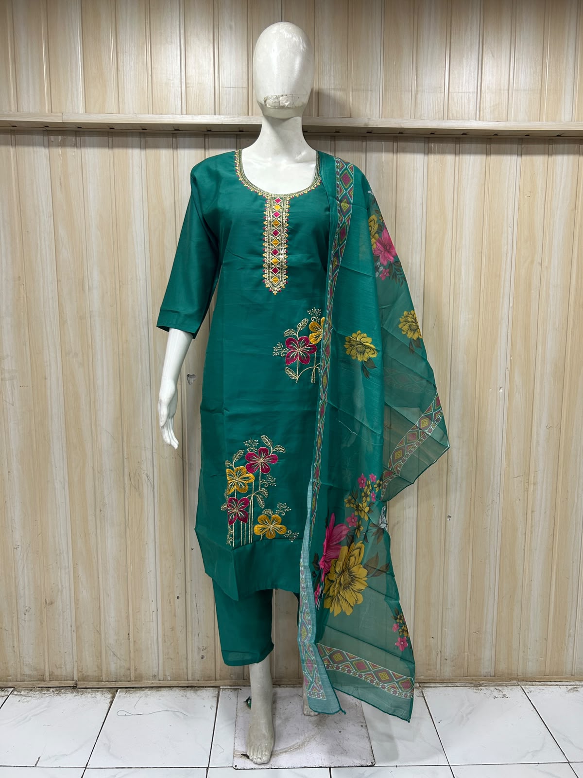 Teal Green ROMAN SILK 3-Piece Suit with ORGANZA DUPATTA