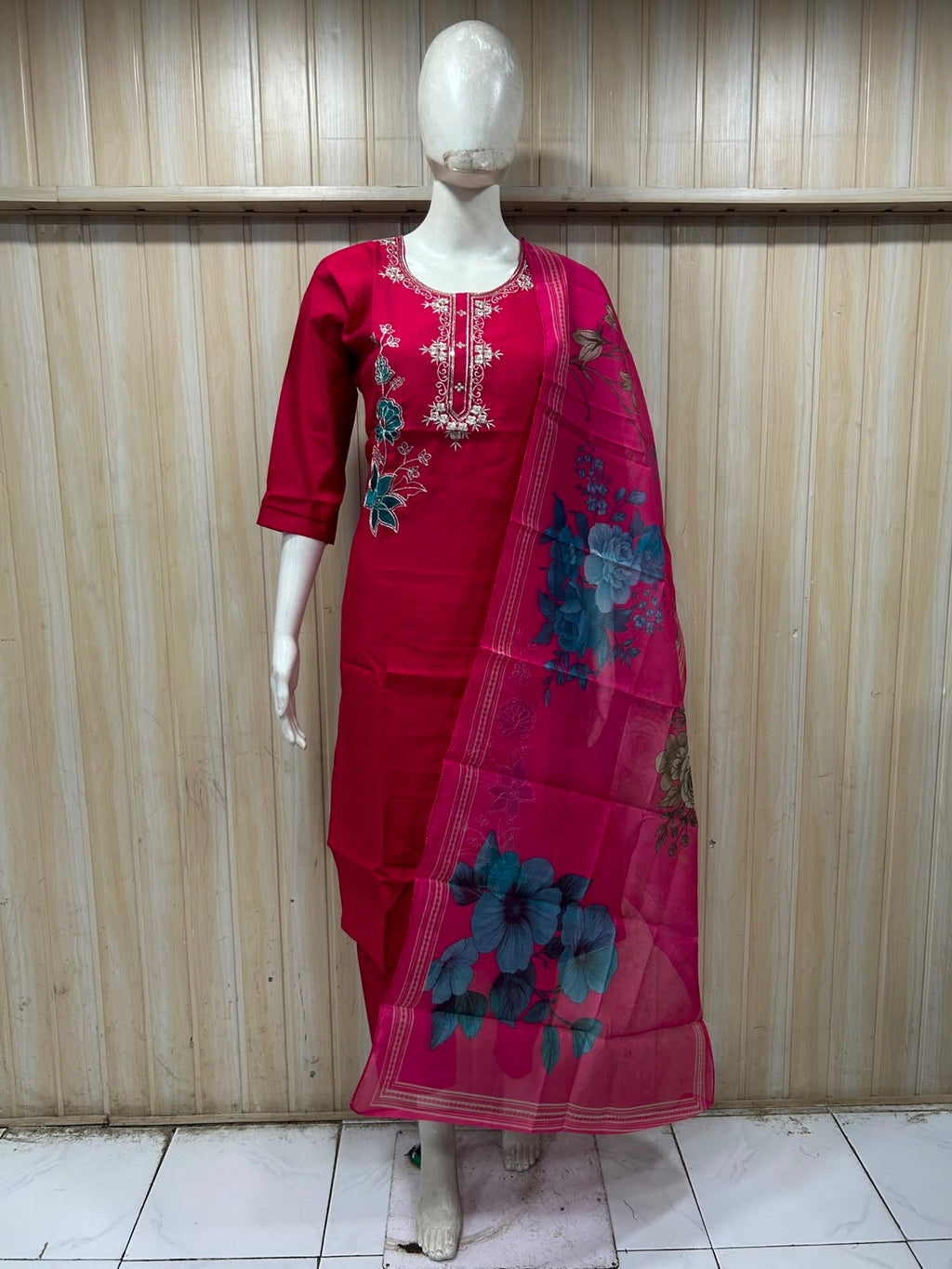 Fuchsia Pink ROMAN SILK Suit Set with Floral ORGANZA DUPATTA