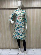 White Cotton Floral Print Single Long A-Line Kurti for Women