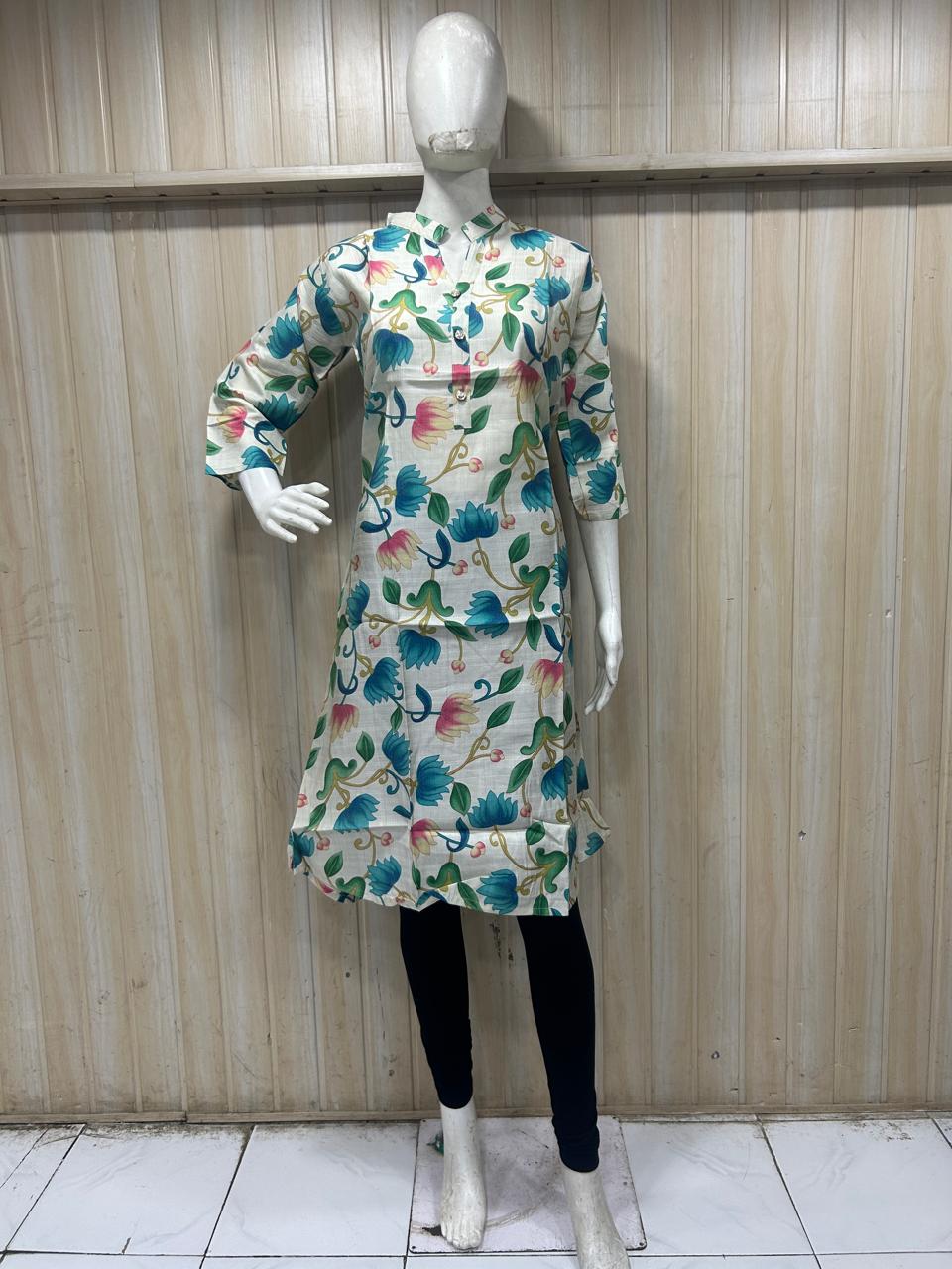 White Cotton Floral Print Single Long A-Line Kurti for Women
