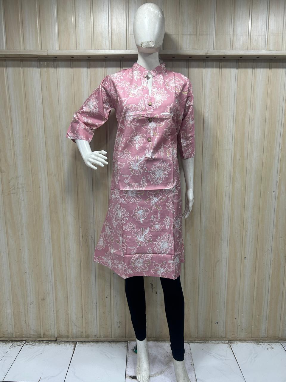 Pink Cotton Floral Print Long A-Line Kurti for Women