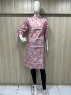 Pink Cotton Floral Print Long A-Line Kurti for Women