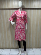 Pink Cotton Geometric Print Single Long A-Line Kurti for Women