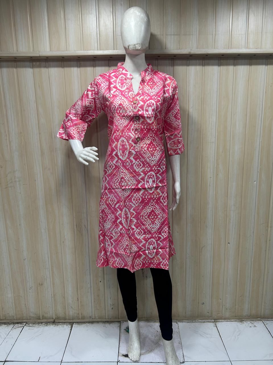 Pink Cotton Geometric Print Single Long A-Line Kurti for Women