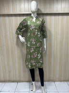 Olive Green Cotton Floral Print Single LONG A-line Kurti for Women