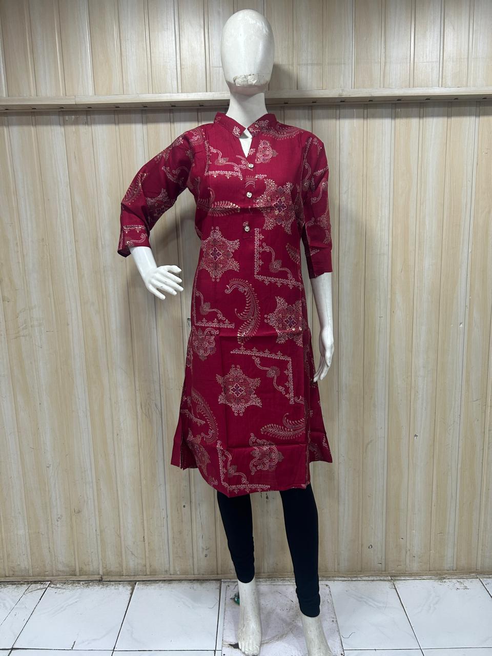 Maroon Cotton Paisley Print Single LONG A-line Kurti For Women