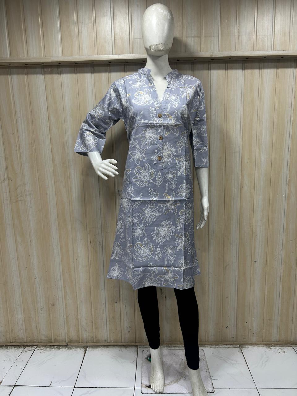 Slate Blue Cotton Floral Print Single Long A-Line Kurti for Women