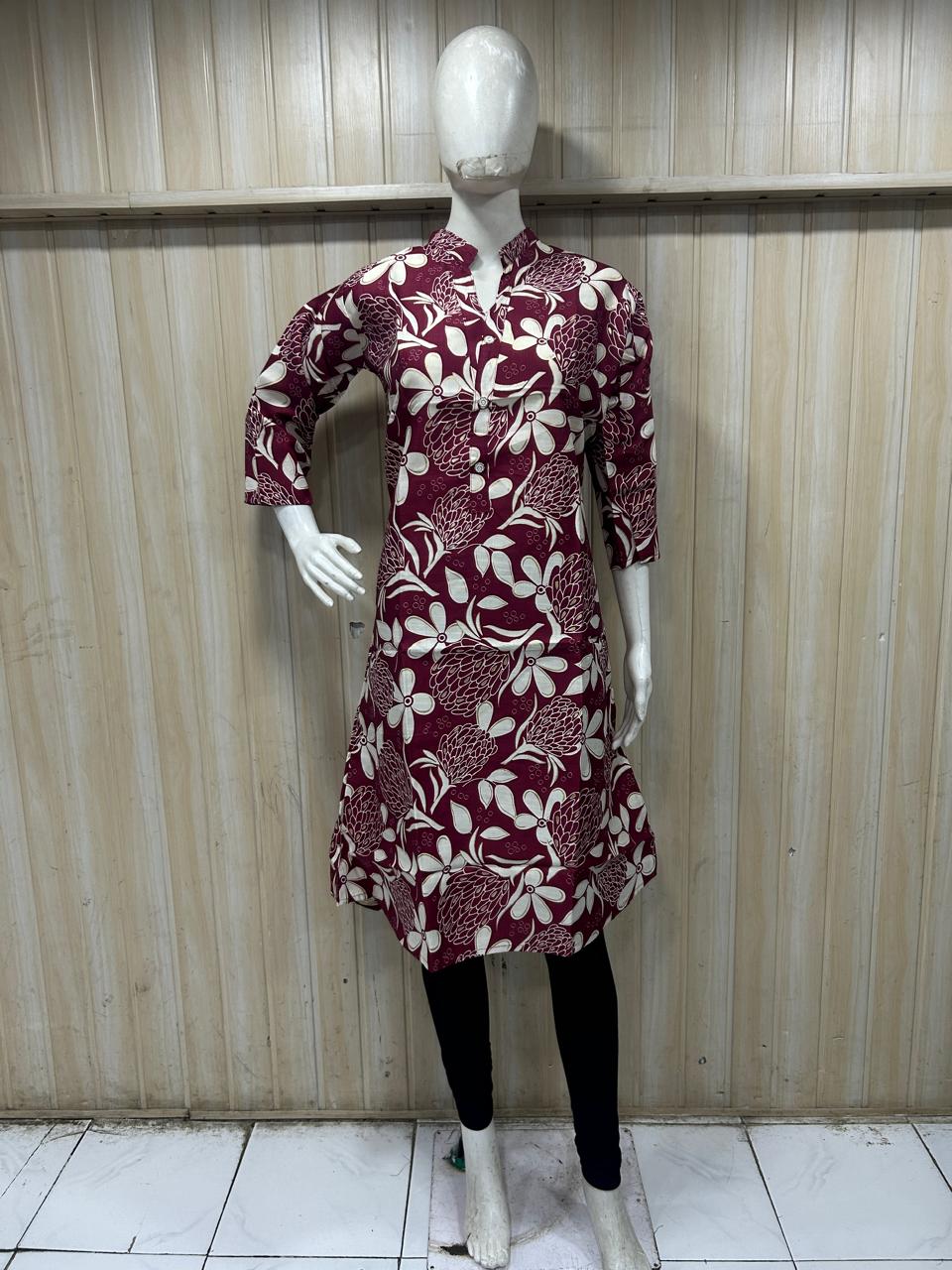Maroon Cotton Floral Print Single LONG A-line Kurti For Women