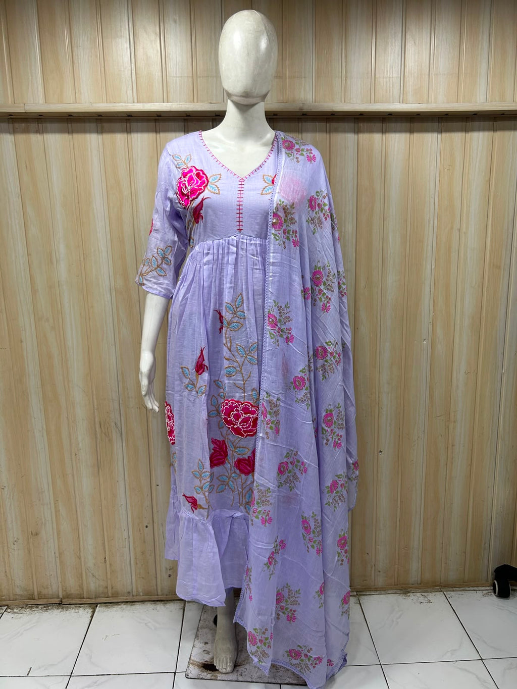 Lavender Mull Cotton A-Line Kurti 3-Piece Set with Pant & Dupatta