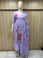 Lavender Mull Cotton A-Line Kurti 3-Piece Set with Pant & Dupatta