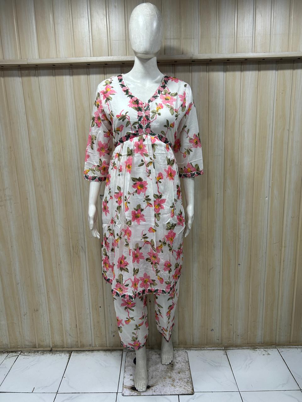 White Floral Mull Cotton 2-Piece Co-Ord Set with Hand Work Embroidery