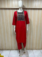Red Dabu Cotton 2-Piece Co-Ord Set with Printed Front Panel