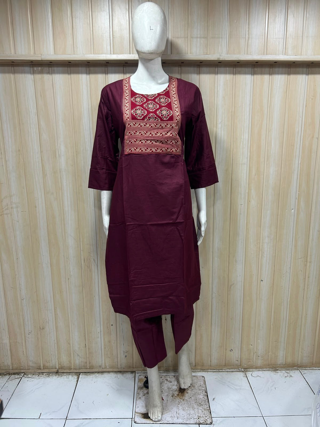 Wine Dabu Cotton 2-Piece Co-Ord Set with Printed Front Panel