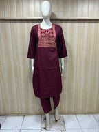 Wine Dabu Cotton 2-Piece Co-Ord Set with Printed Front Panel