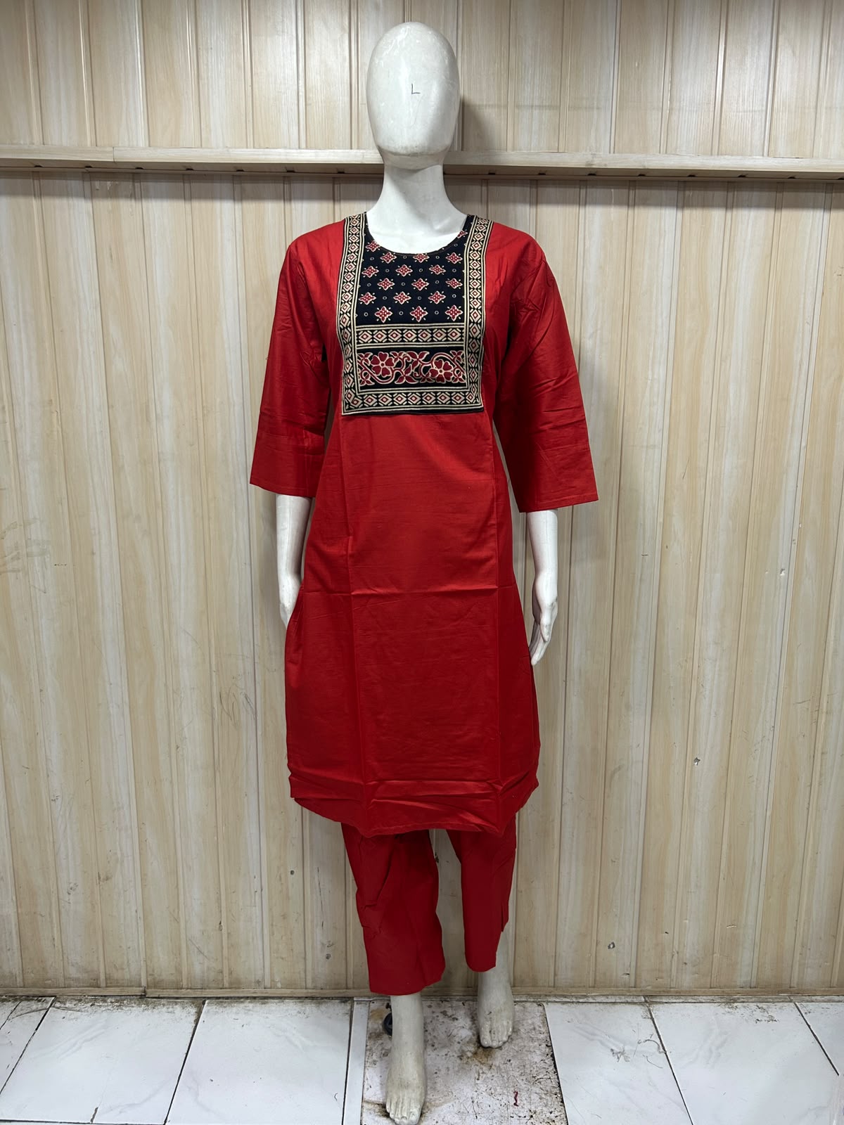 Red Dabu Cotton 2-Piece Co-Ord Set with Printed Yoke Detailing