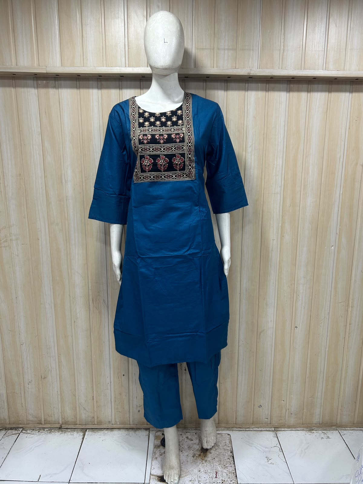 Teal Blue Dabu Cotton 2-Piece Co-Ord Set with Detailed Front Panel