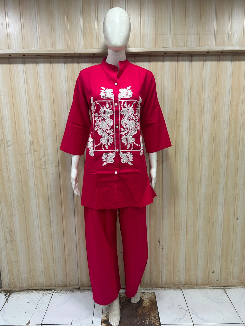 Magenta Dabu Cotton 2-Piece Co-Ord Set with Hand Work Embroidery