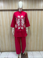 Magenta Dabu Cotton 2-Piece Co-Ord Set with Hand Work Embroidery
