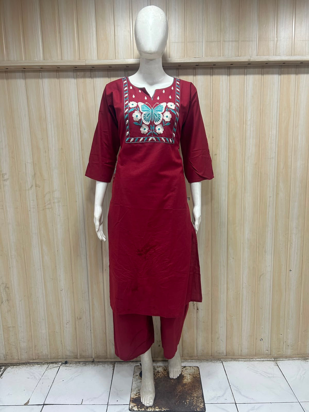 Burgundy Dabu Cotton 2-Piece Co-Ord Set with Hand Work Embroidery