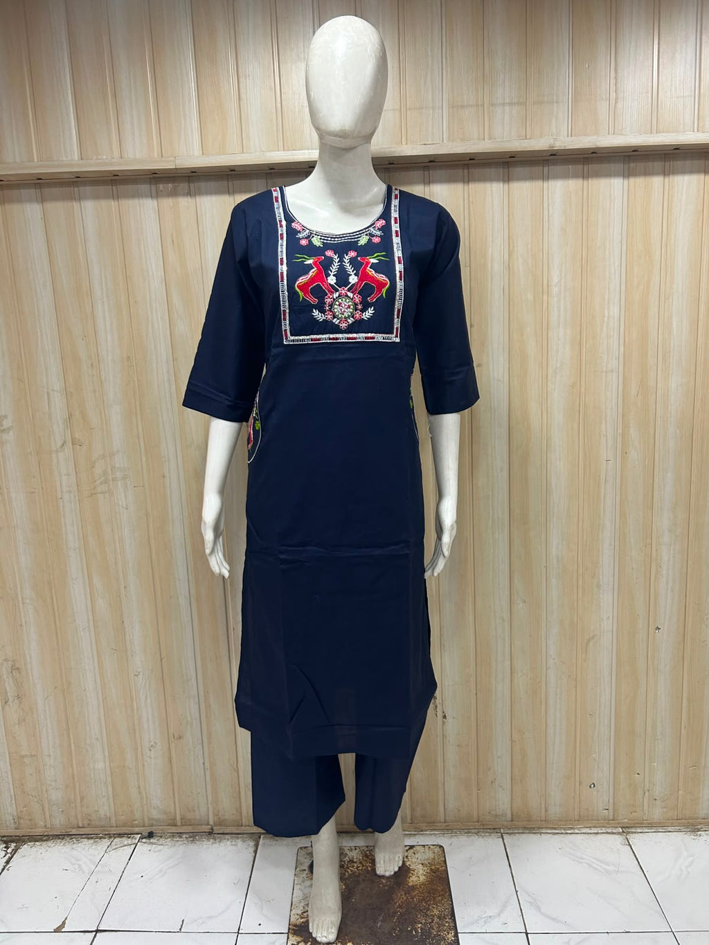 Navy Blue Dabu Cotton 2-Piece Co-Ord Set with Hand Work Embroidery