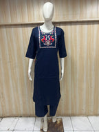 Navy Blue Dabu Cotton 2-Piece Co-Ord Set with Hand Work Embroidery