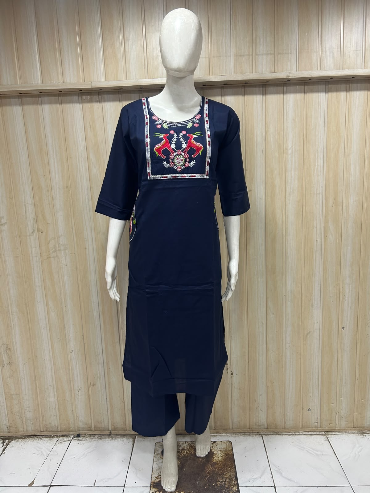 Navy Blue Dabu Cotton 2-Piece Co-Ord Set with Hand Work Embroidery