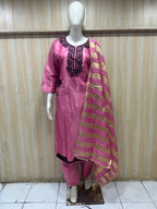Rose Pink ROMAN GLASS 3-Piece Stone Work Straight Suit Set