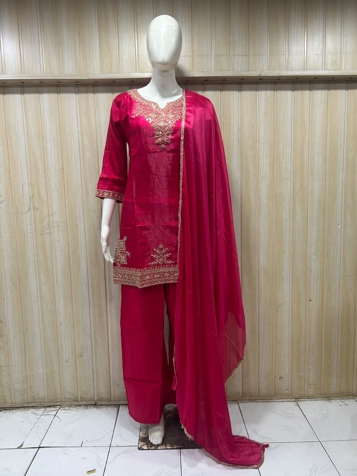 Magenta ROMAN GLASS Embroidered 3-Piece Straight Suit Set