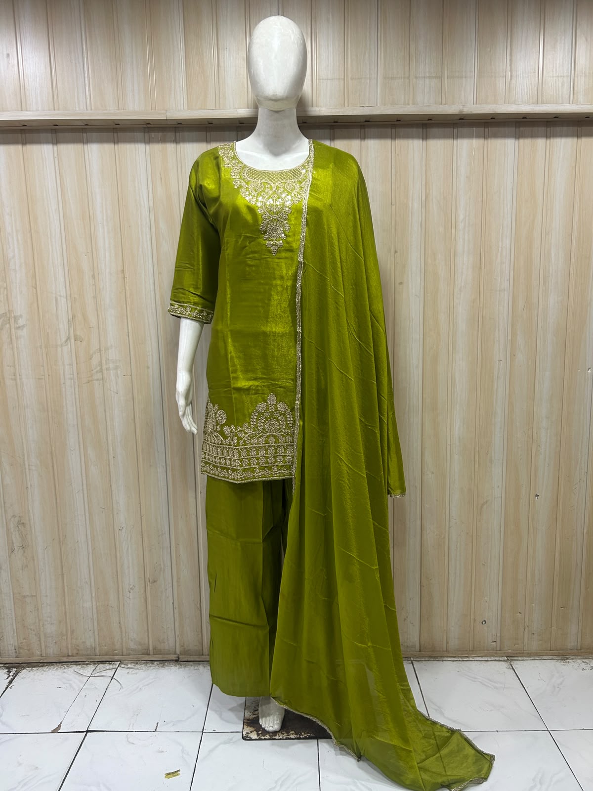 Olive Green ROMAN GLASS Embroidered 3-Piece Suit Set