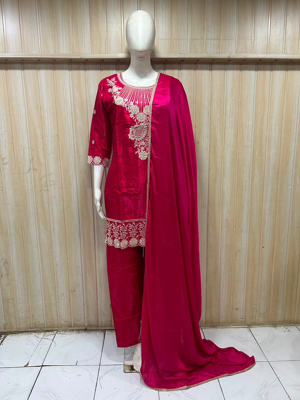 Fuchsia Pink ROMAN GLASS Embroidered 3-Piece Suit Set